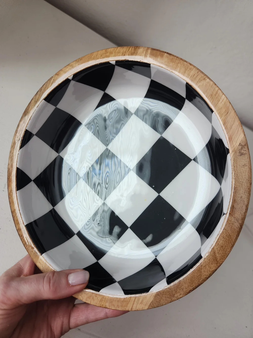 Black & White Checker Enamel on Wood 8in Serving Tray/ Bowl Enameled Checkerboad